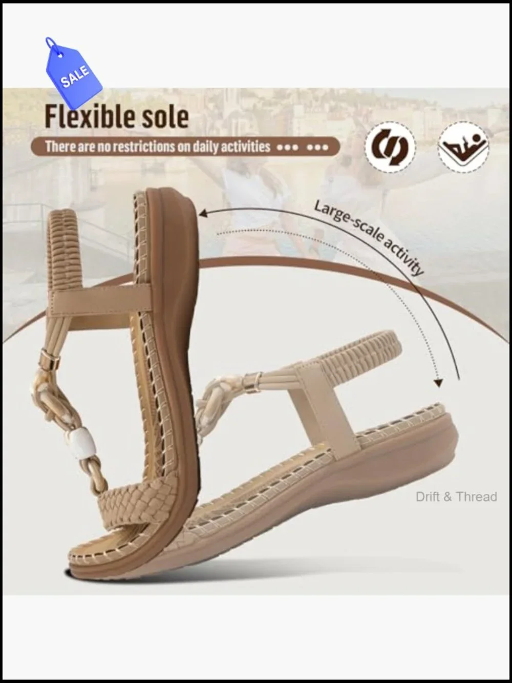 Women's Flat Sandals, Arch Support, Bohemian Braided, Comfort Walking